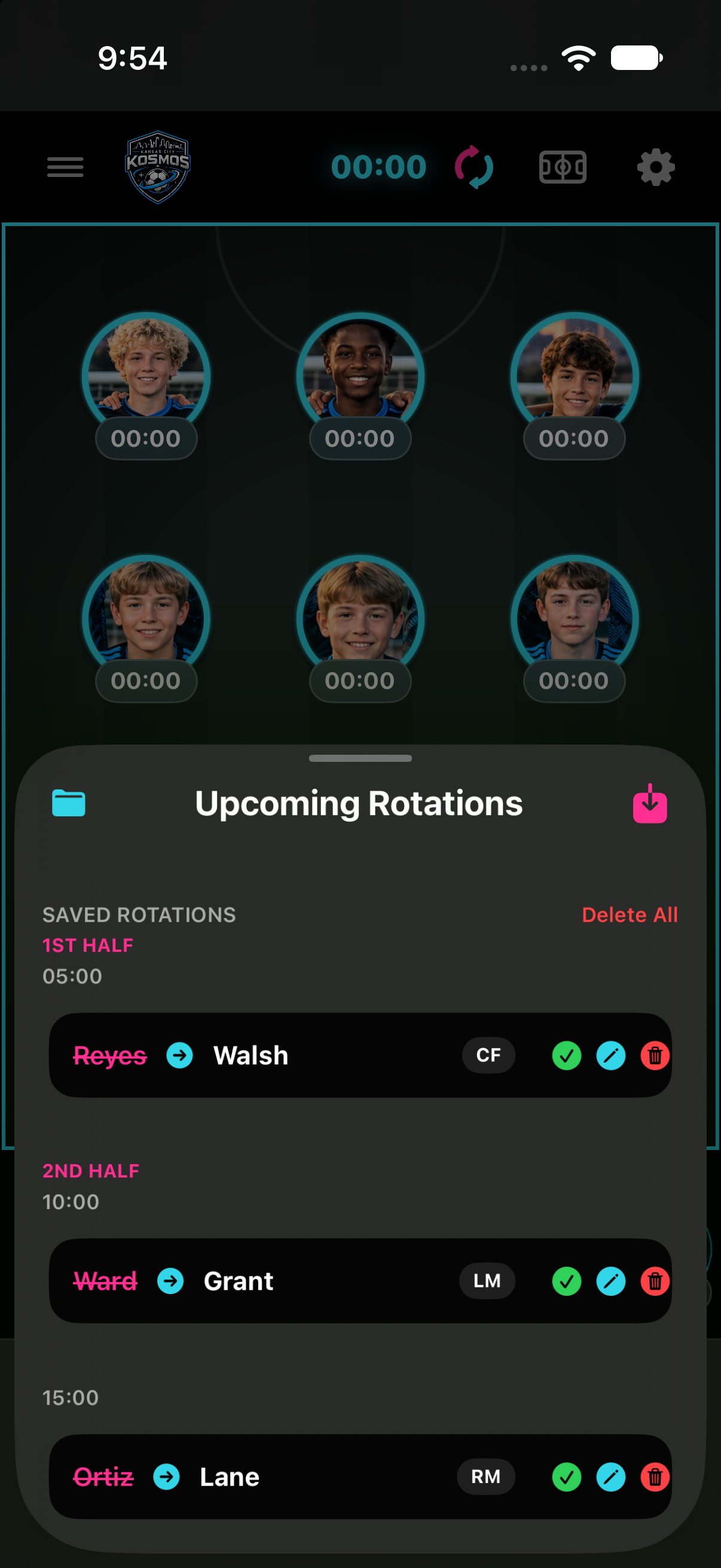 Subbit's Upcoming Rotations drawer over the Kansas City Kosmos pitch, showing the full saved plan spanning both halves at 05:00, 10:00, and 15:00, each with its outgoing and incoming player and position