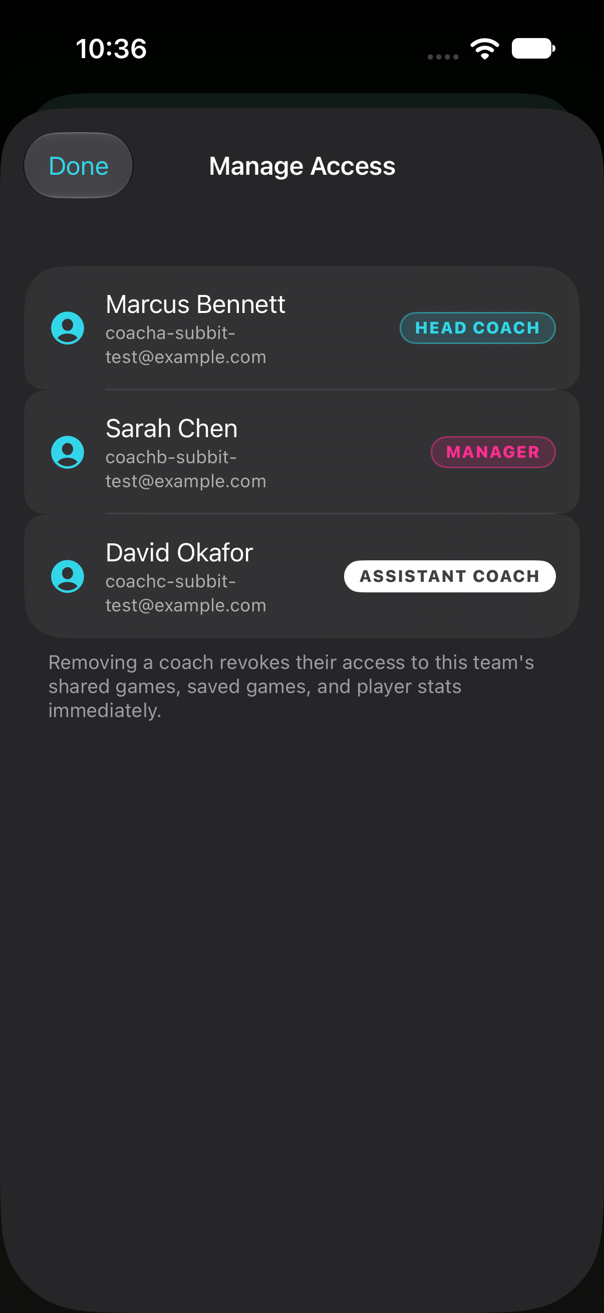 Subbit's Manage Access screen for Kansas City Kosmos, listing the Head Coach, a coach reassigned to Manager, and an Assistant Coach all at once