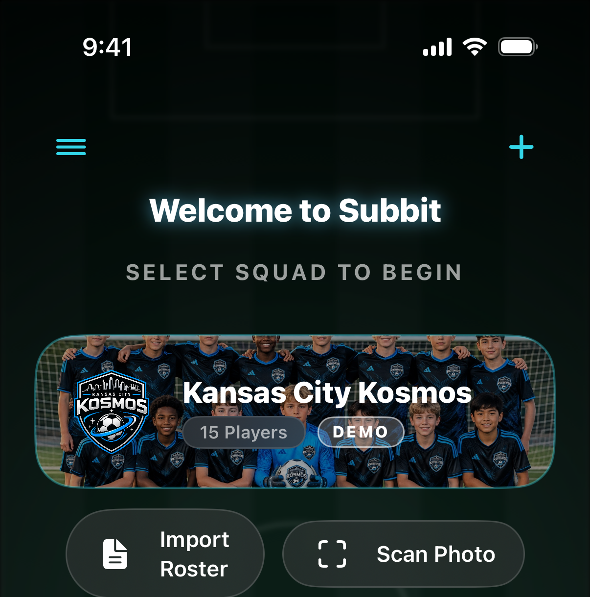 Subbit's Teams screen showing the Kansas City Kosmos squad tile with team photo, badge, and player count